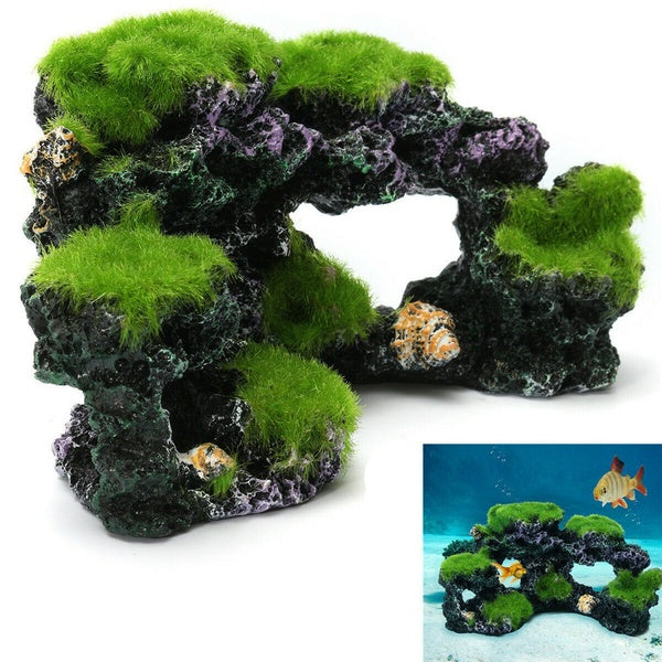 Flocking Green Resin Aquarium Mountain Coral Reef Rock Cave Stone Moss Fish Tank Ornament Decoration