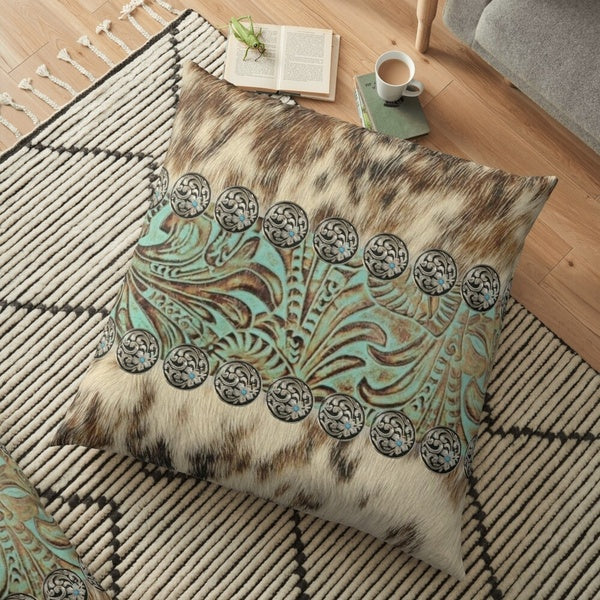 Rustic Brown Cowhide Teal Western Country Tooled Leather Decoration Pillow Case Sofa Waist Throw Cushion Cover Home Decor