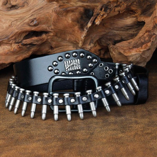 Metal Heavy Punk Bullet Rivet Belt Men's Top Grain Real Leather Rivet Studded Pin Buckle Belt for Jeans