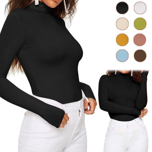 Women's Turtleneck T-Shirts Oversize Long Sleeved Shirt Solid Bottoming Tee Tops Slim Stretch Fitted Winter Warm Pullover Sweaters Blouses