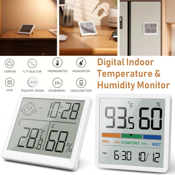 Digital Indoor Hygrometer Thermometer with Clock,Desktop Digital Thermometer with Temperature & Humidity Monitor,Portable Accurate Humidity Meter Pr