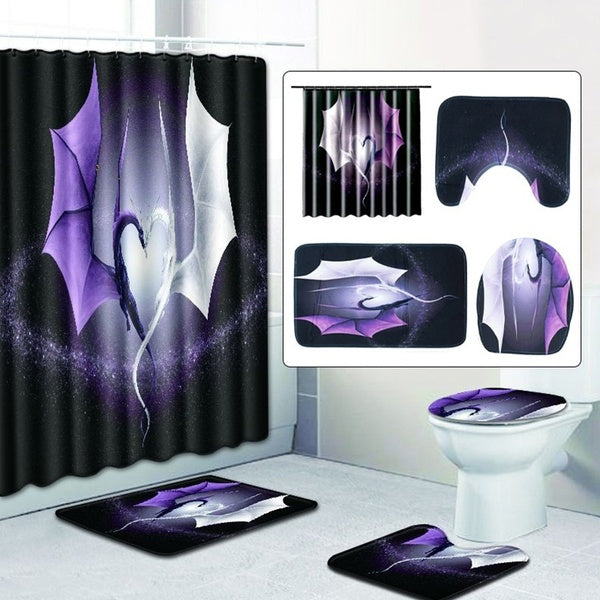 1-3-4 Pcs Bathroom Decor Purple Flying Dragon Shower Curtain Waterproof Shower Curtain Anti-slip Bath Mat Carpets Pedestal Rugs Toilet Seat Cover Bat