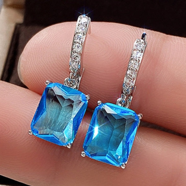 Boucles d'oreilles pendantes en forme de topaze, coupe carrée à la mode, boucles d'oreilles plaquées argent pour femmes, boucles d'oreilles Huggies,