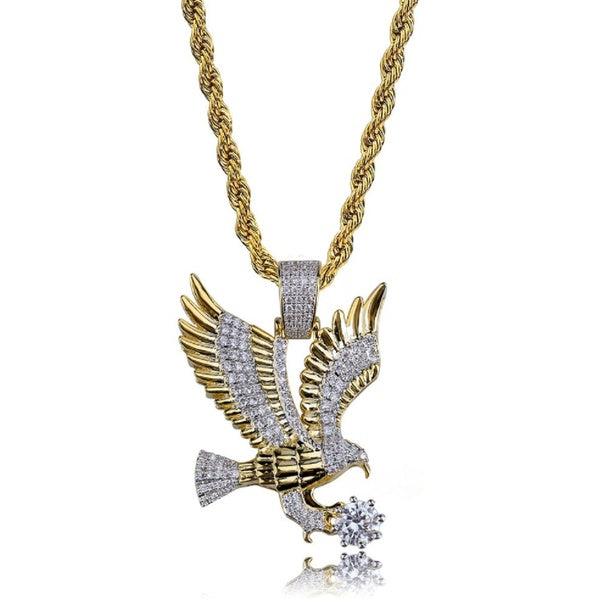 Mode glacé couleur placage Animal aigle aile pendentif à breloque collier Micropavé Zircon Hip Hop bijoux