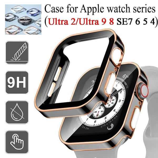 LEIXIUER PC Case with Tempered Glass for Apple Watch Ultra 2-Ultra 49mm 9 8 7 45mm 41mm 44mm 40mm Screen Protector for Watch 4 5 SE 6( 1 Pcs Case)