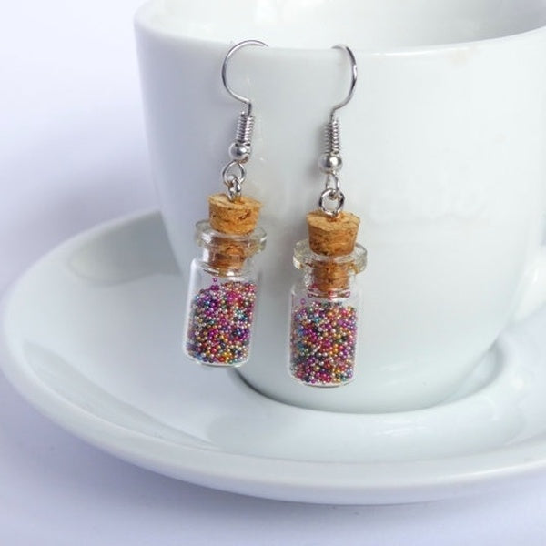Miniature cute rainbow sprinkles candy jar glass bottle dangle earrings charms kawaii sweet silly food jewelry