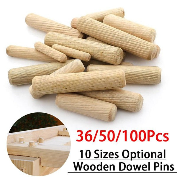 36-50-100Pcs 10 Sizes Wooden Dowel Pins Fluted Beveled Ends Wood Dowel Pegs Kiln Dried Hardwood for Woodworking Furniture Shelf