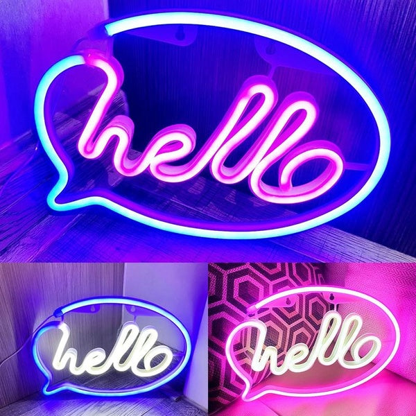 Neon Signs LED Hello Night Light Wall Decor Battery or USB Powered Neon Light Bedroom Wall Lights Kids Room Light Sign Hanging Decorations Lamp for V