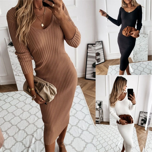 Autumn Winter V-Neck Long Sleeved Sweater Dress Women Fashion Bodycon Pencil Dress Bottoming Long Dress