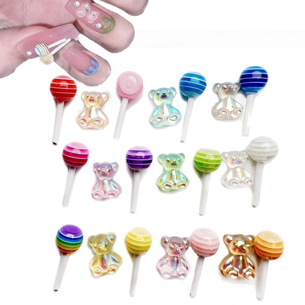 20-60pcs Rainbow Lollipop Bear Nail Art Charms 3D Resin Kawaii Nail Accessories Design Jewelry Manicure Nail Decorations