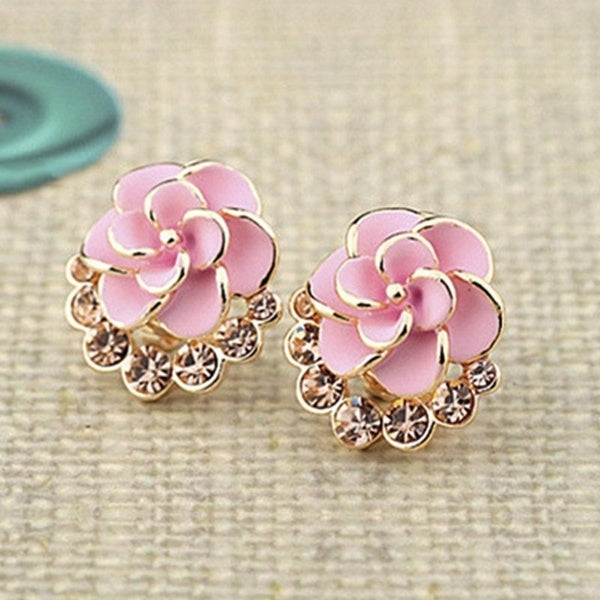 Dripping Rose Earrings Sweet Camellia Drill Earrings Elegant Stud Girl's Earrings Rhinestone Earrings