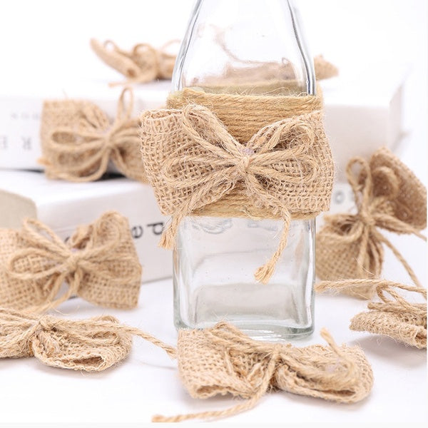 10pcs Vintage DIY Jute Burlap Natural Hessian Bowknot With Ribbon Craft Supplies Bow Scrapbooking Wedding Decor Gift Packaging
