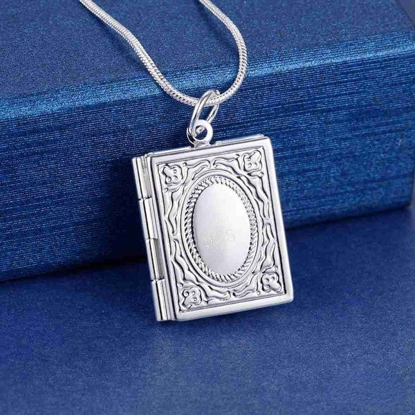 925 Sterling Silver Book Shape Photo Frame Locket Pendant Snake Chain Necklace 16-18-20-22-24-26-28-30 Inch for Men Women Charm Engagement Wedding Fa