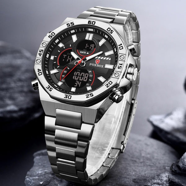 FOXBOX Brand Men Watch Luxury LED Digital Sport Military Wristwatches Dual Display Alarm Chronograph Clock Relogio Masculino