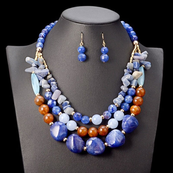 New Fashion Beads Necklace-Earrings Set Plastic Gem Multi Layer Statement Chokers Wedding Accessories African Beads Jewelry Set