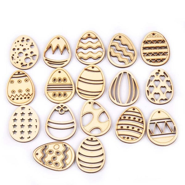 25Pcs Easter Eggs Hollow Wooden Pendant Hanging Ornaments Handmade Craft Supplies Wood Chips DIY Home Party Decor 29x40mm MT2675