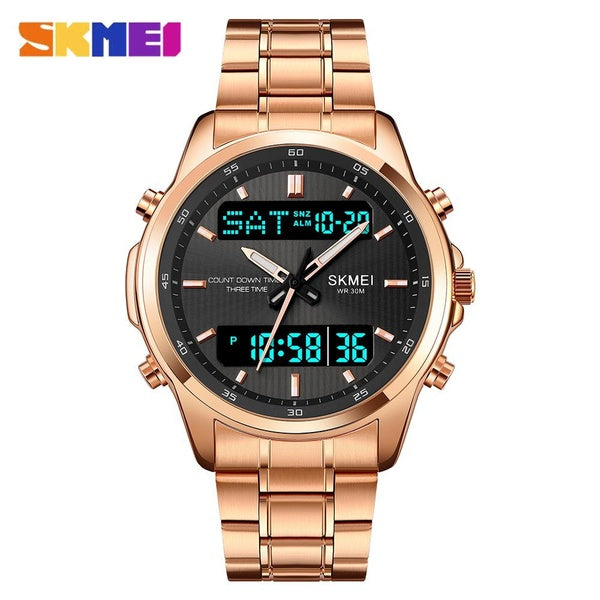 SKMEI Top marque de luxe montre affaires mode acier inoxydable Quartz chiffres double affichage montres-bracelets pour hommes étanche lumineux LED ho