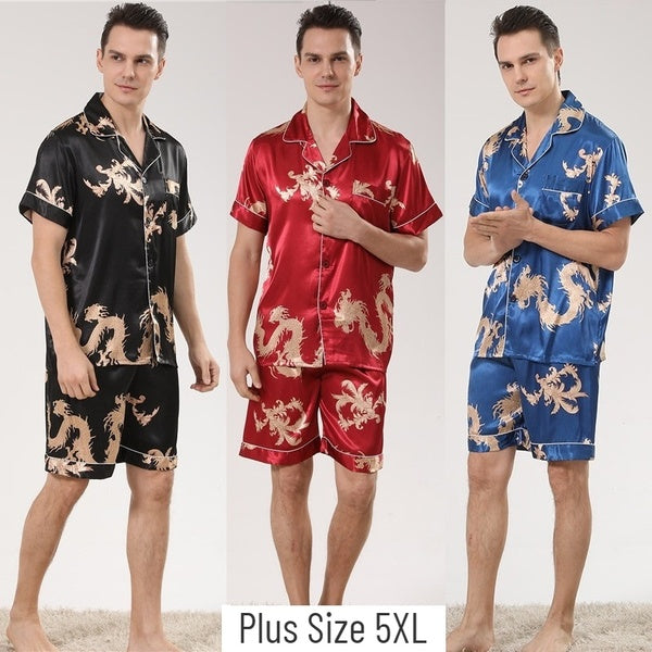 Plus Size 5XL Summer Fashion Mens Short Sleeve Silk Pajamas Set Noble Privileged Dragon Design Two-piece Sleepwear Top+Short Pants(4 Colors)