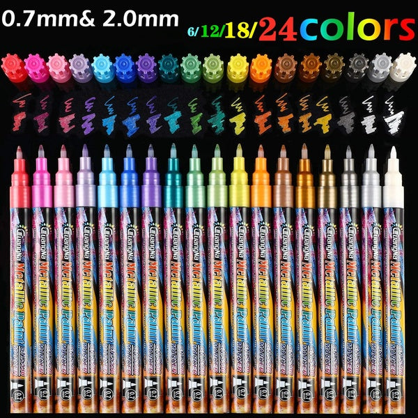 Stylos marqueurs de peinture acrylique métallique, 24-18-12-6 couleurs ensemble de stylos d'art à pointe extra fine pour peinture rupestre tissu céra