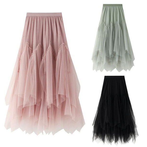 Fashion Women's Half Length Mesh Skirt Sweet Style Irregular Pleated Long Skirts Autumn Winter A-line Skirt Poncho Gauze Skirts