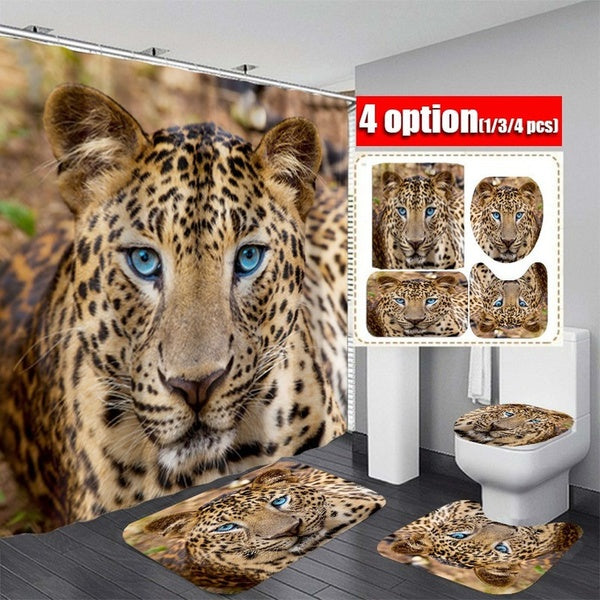 1-3-4pcs Leopard Pattern Bathroom Shower Curtain Set Bathroom Decoration Waterproof Bathroom Non-slip Bath Rugs Toilet Seat Cover Pedestal Rugs