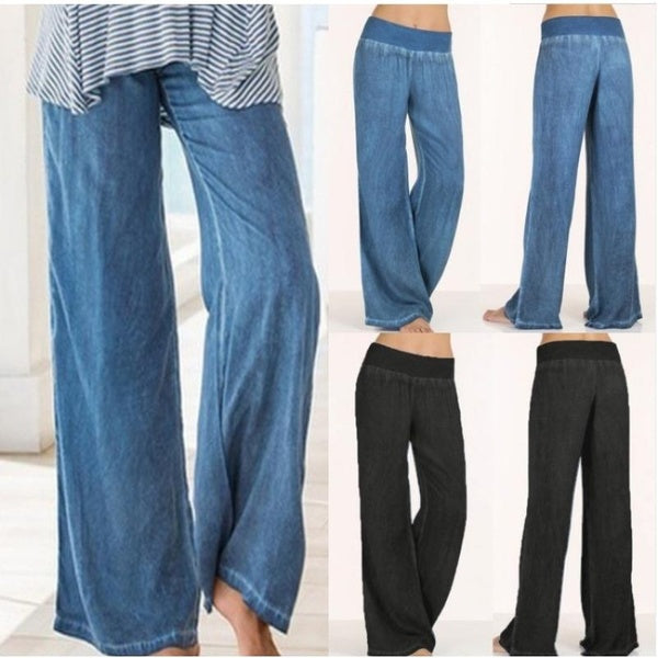 Plus Size Faux Denim Wide Leg Pants Women Jeans Ladies High Elastic Waist Pantalon Femme Solid Casual Loose Long Trousers