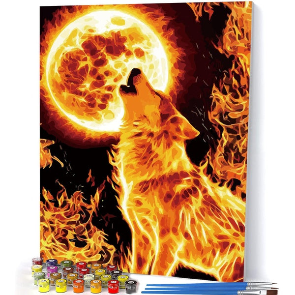Fire Wolf Under the Moon FIYO Diy Oil Paint by Numbers Kits for Adults and Kids Beginner on Canvas Fashion Oil Painting Wall Art for Gift( No Frame )