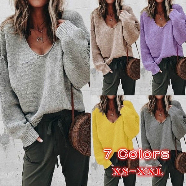2020 Women New Style Autumn and Winter V Shaped Collar Long Sleeve Sweater Solid Color Loose Sweater Knitted Pullover Sweater Size XS-XXL (7 Colors）