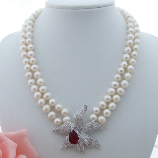 Charmant 2 rangées 7-8mm perle de culture d'eau douce blanche micro incrustation zircon accessoires boucle fleur pendentif pull collier long 45-48 cm