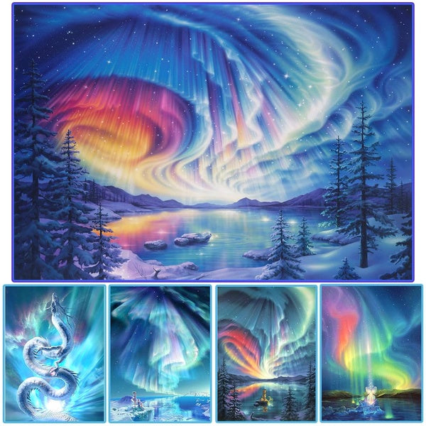 Landscape Mysterious Aurora DIY 5D Diamond Painting Full Drill with Number Kits Home and Kitchen Fashion Crystal Rhinestone Cross Stitch Embroidery P