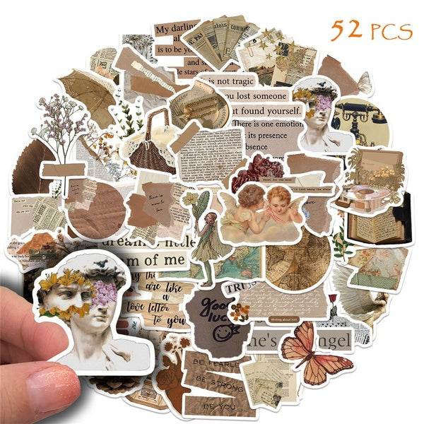 52Pcs Cute Vintage Stickers, Aesthetic Retro Scrapbooking Stickers Waterproof Vinyl Decals for Planner Junk Journal Scrapbook Paper Water Bottle Lapt