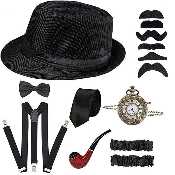 1920s Mens Gangster Accessories Set The Great Gatsby Halloween Cosplay Costume Accessories - Fedora Newsboy Hat Suspenders Armbands Tied Bowtie