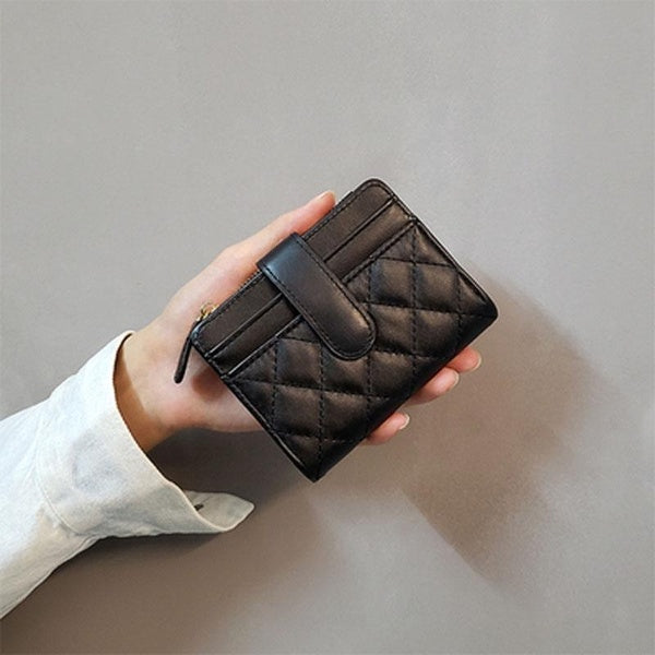 Petit portefeuille femme sac à cartes court Euro américain Lingge cuir souple matelassé pince multi pince à billets