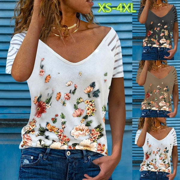 2021 tendance de la mode des femmes Vintage décontracté à manches courtes impression florale col en V T-shirt Blouses grande taille hauts confortable