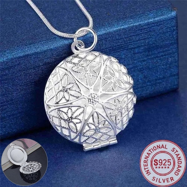 925 Sterling Silver Round Shaped Photo Frame Locket Pendant Snake Chain Necklace 16-18-20-22-24-26-28-30 inch for Men Women Charm Engagement Wedding