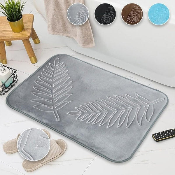 Embossed Leaf Bath Mat Coral Fleece Bathroom Carpet Toilet Floor Mat Water Absorption Non-slip Memory Foam Absorbent Washable Rug(40x60cm)