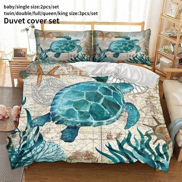 3D Sea Turtle Bedding Set 2-3Pcs of Duvet Cover & Pillow Case (Baby-Single-Twin-Double-Full-Queen-UK AU US King Size) Cartoon Bedding Sets