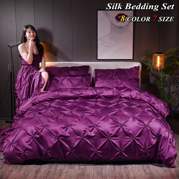 Luxury Satin Silk Pinch Pleated King Size Bedding Set Satin High-end Duvet Cover Set Double Bed Quilt Cover with Pillowcase Baby-Single-Twin-Double-Q