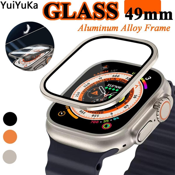 YuiYuKa Tempered Glass with Metal Frame for Apple Watch Ultra 2-Ultra 49mm for Iwatch Ultra Bumper Screen Protector Aluminum Alloy Frame Accessories