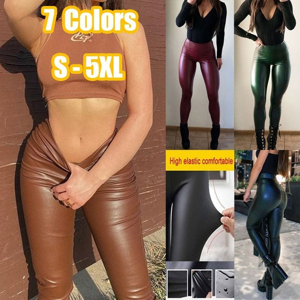 Femmes mode cuir pantalon Stretch taille haute Faux cuir Leggings décontracté maigre pantalon grande taille S-5XL