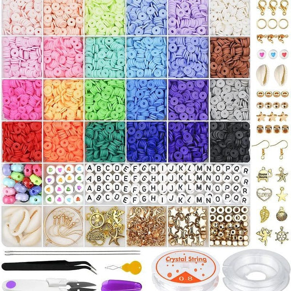 6000 Pcs Clay Beads for Bracelet Making, 24 Colors Flat Round Polymer Clay Beads 6mm Spacer Heishi Beads with Pendant Charms Kit and Elastic Strings
