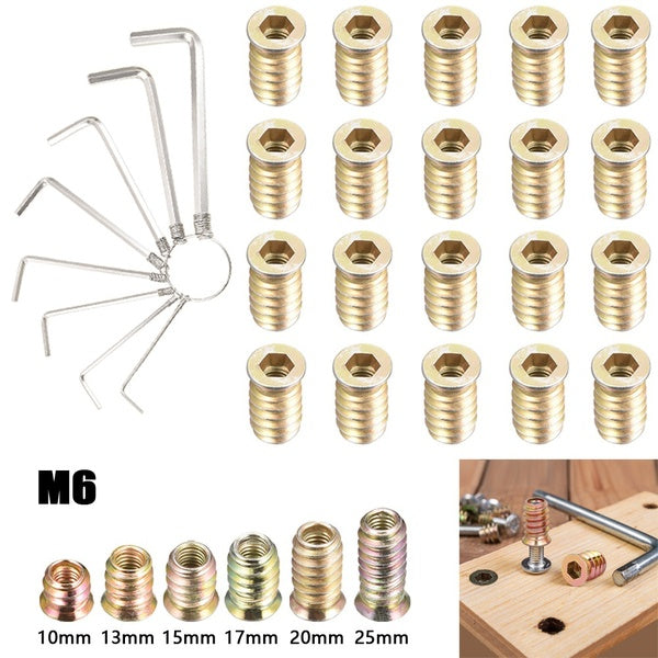 20pcs M6 Threaded Wood Furniture Insert Nuts Interface Hex Socket Drive w Hex Key Set