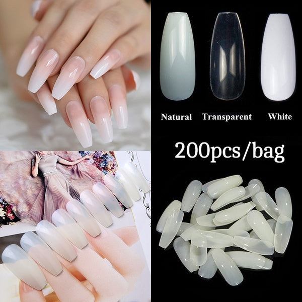200 Pcs of Transparent Natural Artificial Nail Tips Fashion Ballet Nail Art Full Coverage Nail Tips