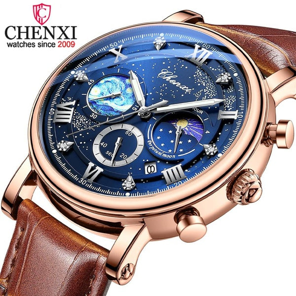 CHENXI nouvelle montre pour hommes marque de luxe mode étoile cadran bleu chronographe Quartz montres-bracelets mâle étanche lumineux Sport horloge