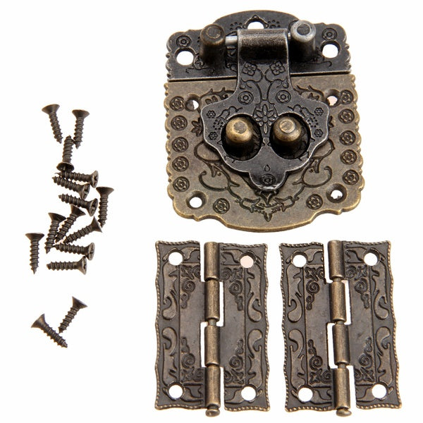 Antique Bronze Furniture Box Hinges+ Chinese Brass Hardware Vintage Bronze Wooden Box Cabinet Toggle Latch Hasp