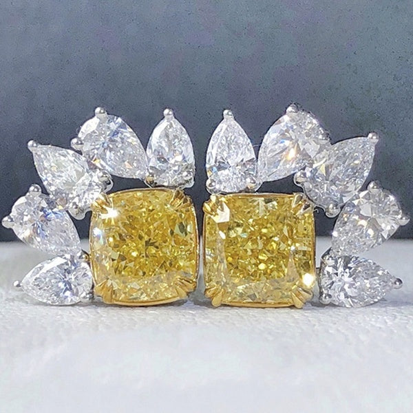 Charming 4 Claws Cushion Cut Citrine Stud Earrings Women Silver Plated Teardrop Lab Diamond Earrings Party Jewelry