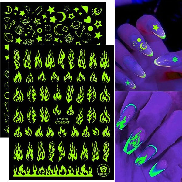1pcs 3D Luminous Flowers Nail Stickers Flame Butterfly Star Moon Glitter Design Glow in The Dark Slider Manicure Decorations CY028-036
