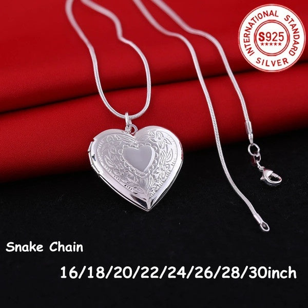 925 Sterling Silver Classic Pattern Snake Heart Shaped Chain Photo Frame Necklace for Fashion Women Charm Engagement Wedding Party Silver Jewelry