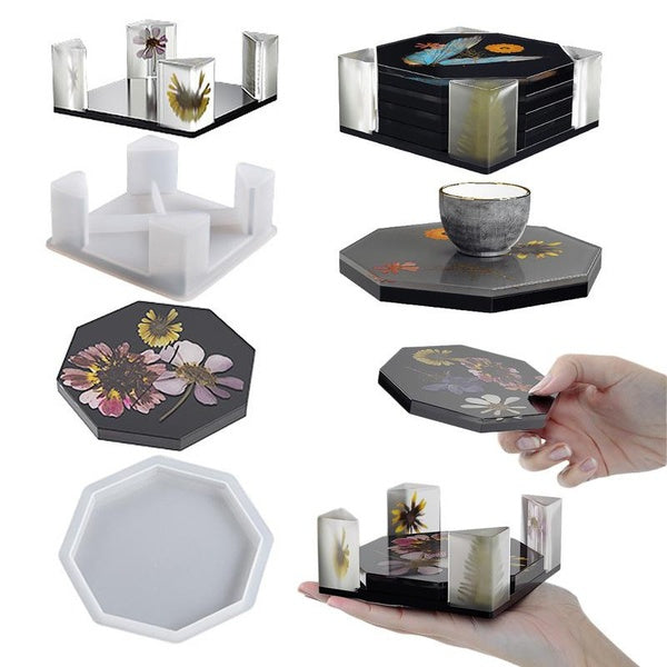 DIY Epoxy Resin Coaster and Storage Mold Plaster Mirror Square Storage Box Eight Side Coaster Silicone Mold Handmade Home Desktop Decorations Craft M