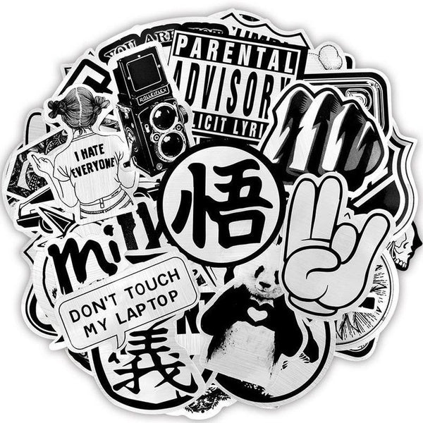50Pc Metal Black and White Punk Stickers Skateboard Stickers Extreme Sports Stickers Trolley Case Guitar Mug Notebook Trend Stickers